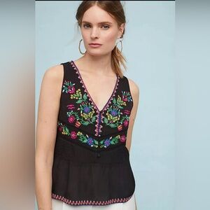Anthropologie Maeve Carlotta Heavily Floral Embroidered Boho Tunic Blouse Sz S